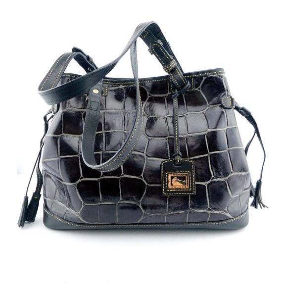 DOONEY BOURKE Large Purple Croc Print Leather Tasseled Satchel Shoulder Bag - Picture 1 of 15